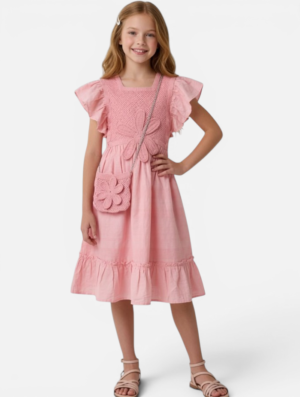 Girls' Crochet Detail Ruffled Summer Dress with Matching Bag