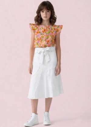 Girls' Floral Print Ruffled Button-Down Blouse - Pink & Orange