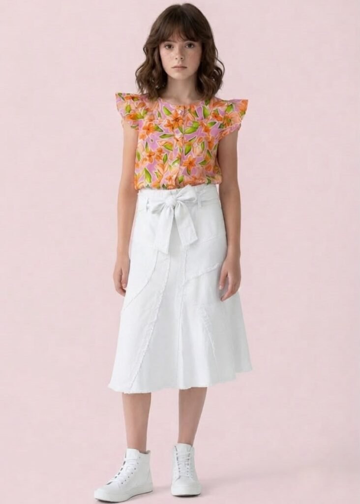 Girls' Floral Print Ruffled Button-Down Blouse - Pink & Orange