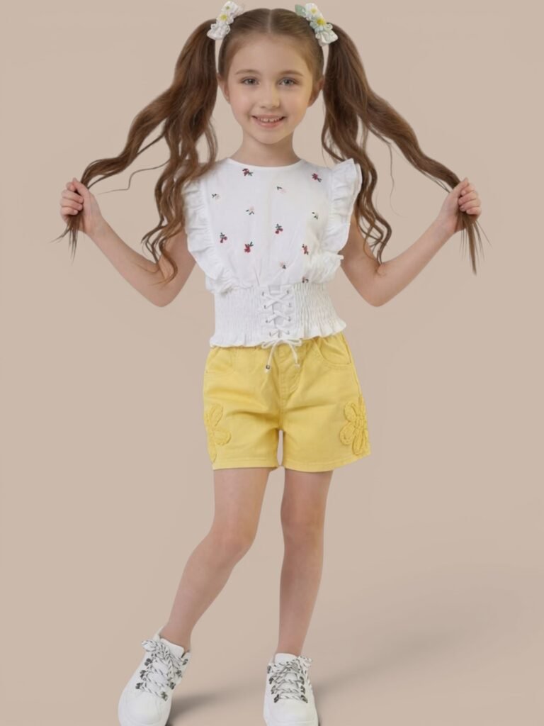Girls' Ruffled Floral Print Corset-Style Blouse - White
