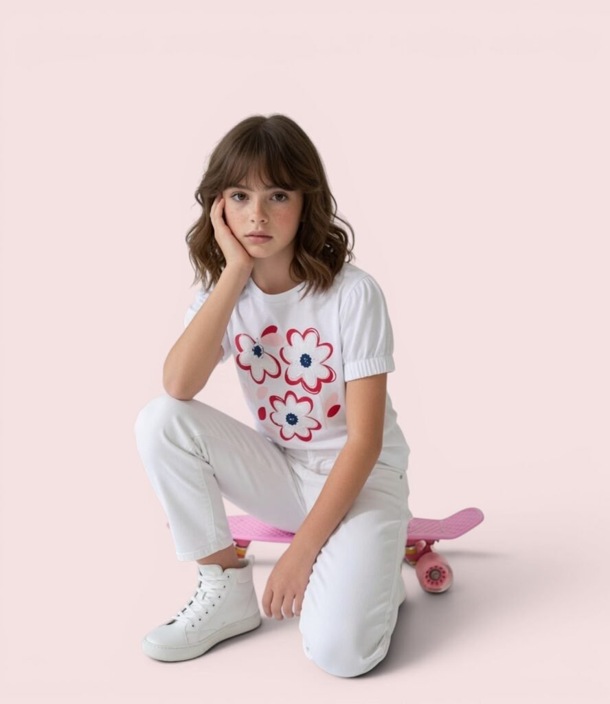 Girls' Floral Puff-Sleeve Graphic T-Shirt