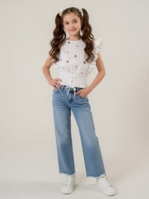 Girls' Wide-Leg Raw-Hem Denim Pants