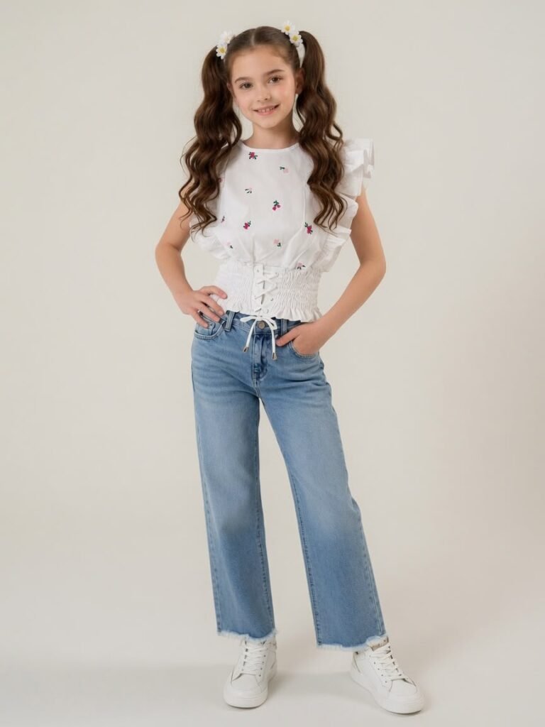Girls' Wide-Leg Raw-Hem Denim Pants